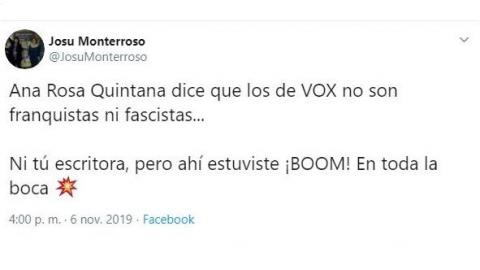 Tuit crítico contra las declaraciones de Ana Rosa Quintana sobre Vox2. Twitter Tuit crítico contra las declaraciones de Ana Rosa Quintana sobre Vox2. Twitter