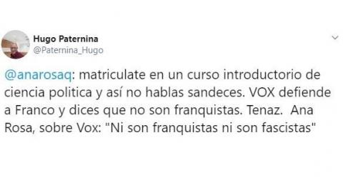 Tuit crítico contra las declaraciones de Ana Rosa Quintana sobre Vox4. Twitter