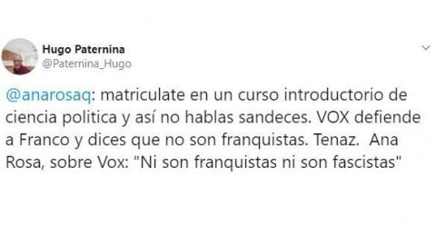 Tuit crítico contra las declaraciones de Ana Rosa Quintana sobre Vox4. Twitter Tuit crítico contra las declaraciones de Ana Rosa Quintana sobre Vox4. Twitter