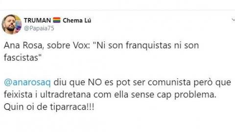 Tuit crítico contra las declaraciones de Ana Rosa Quintana sobre Vox6. Twitter Tuit crítico contra las declaraciones de Ana Rosa Quintana sobre Vox6. Twitter