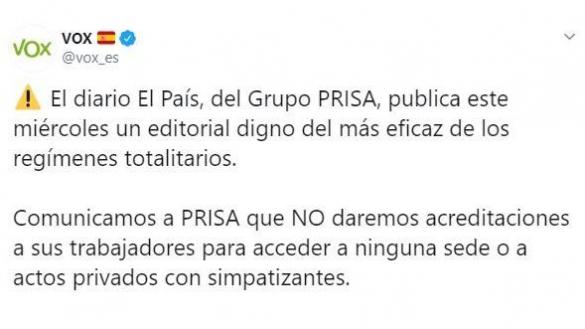 Tuit de Vox vetando al Grupo Prisa. Twitter