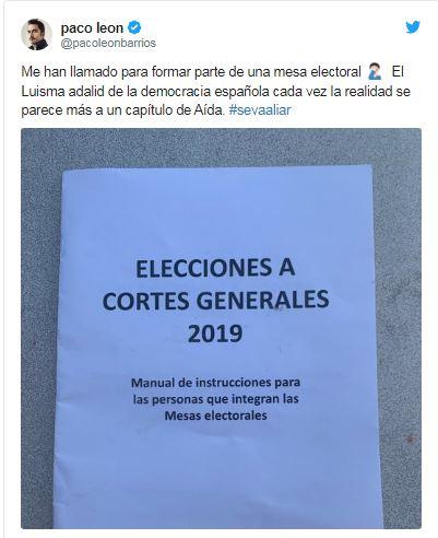 Tuit de Paco León explicando que le ha tocado formar parte de una mesa electoral