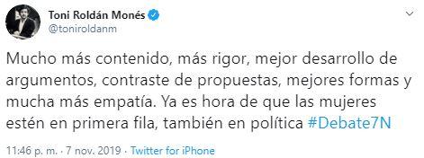Toni Roldán alaba la labor de las portavoces en el debate de laSexta Toni Roldán alaba la labor de las portavoces en el debate de laSexta