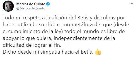 Tuit de Marcos De Quinto en el que se disculpa con la afición del Betis Tuit de Marcos De Quinto en el que se disculpa con la afición del Betis