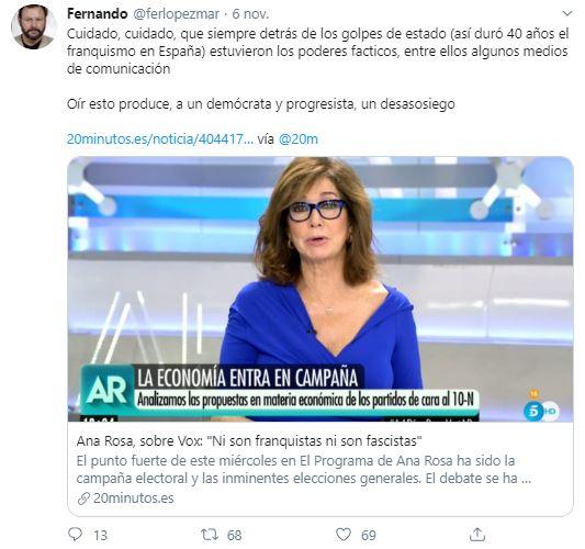 Tuit sobre la declaración de Ana Rosa Tuit sobre la declaración de Ana Rosa
