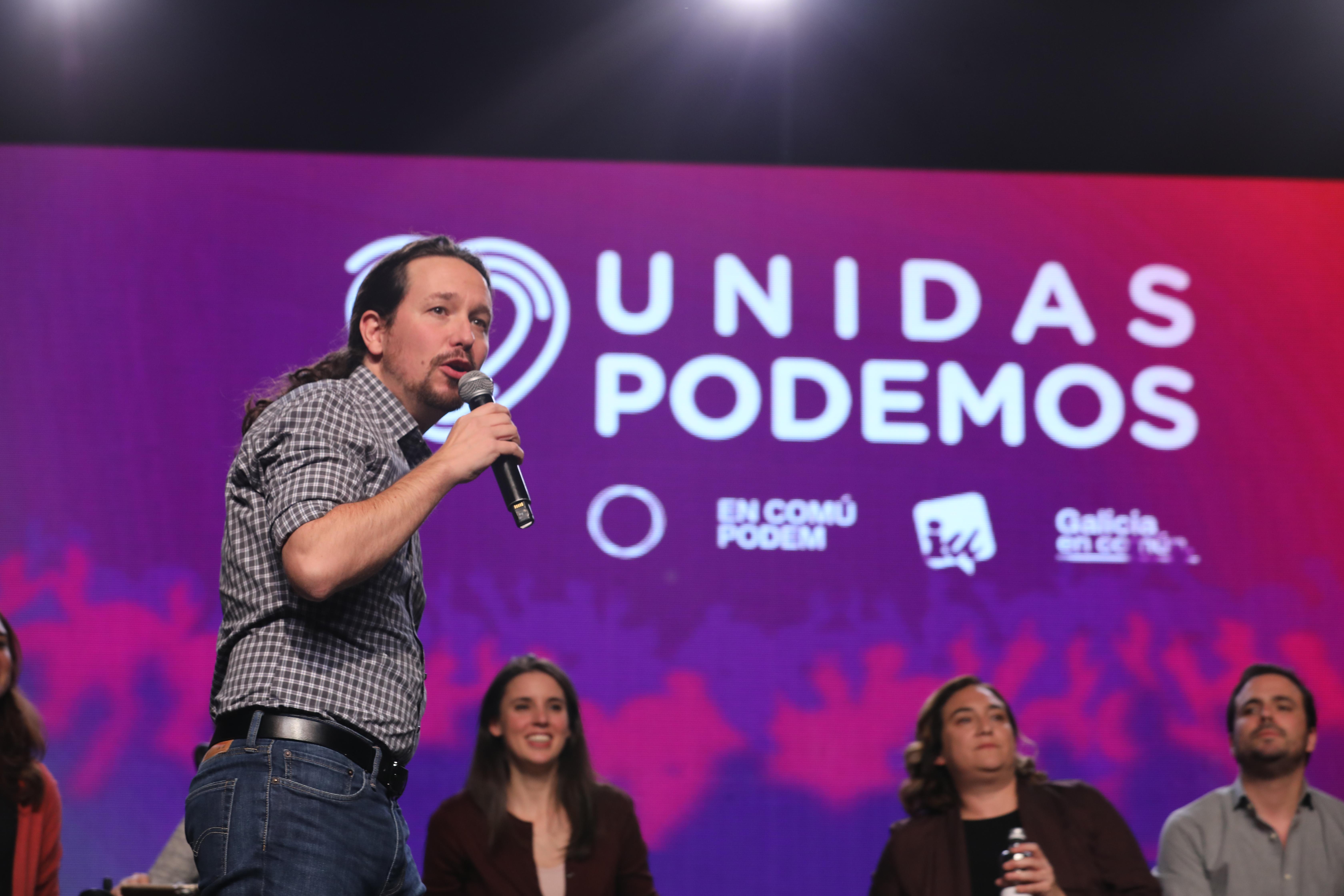 El candidato a la Presidencia del Gobierno por Unidas Podemos Pablo Iglesias durante un mitin de fin de campaña del partido en la Feria de Madrid (IFEMA) en Madrid a 8 de noviembre de 2019 