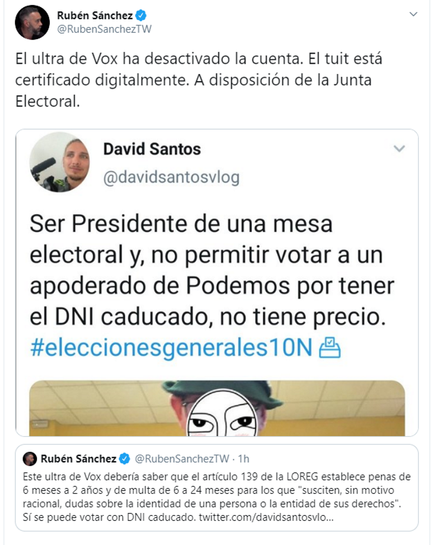 Tuit de Rubén Sánchez sobre el presidente de mesa de Vox