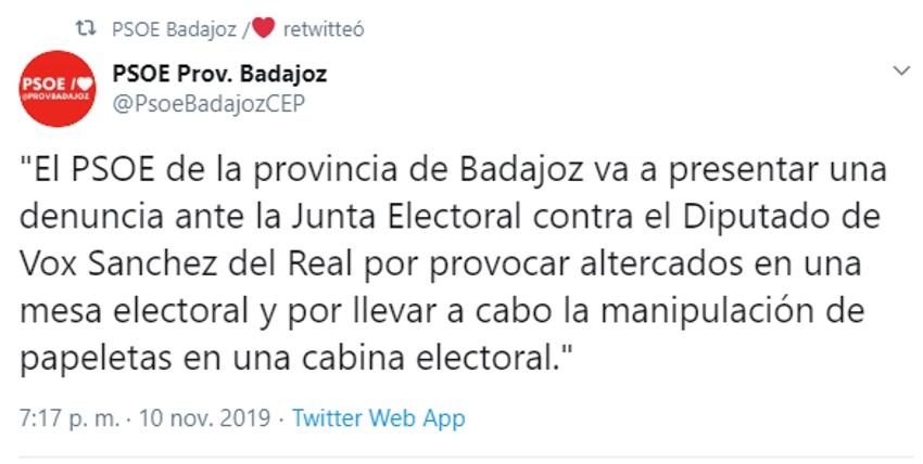 Tuit del PSOE Badajoz anunciando que denunciará al candidato de Vox ante la JEC