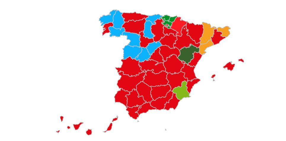 El PSOE vuelve a teñir el mapa de España de rojo tras su victoria en las elecciones