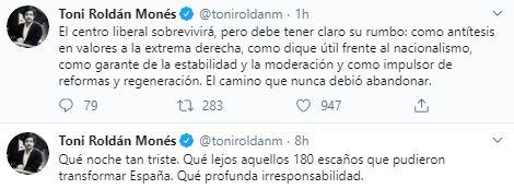 Tuit de toni Roldán tras la debacle de Ciudadanos