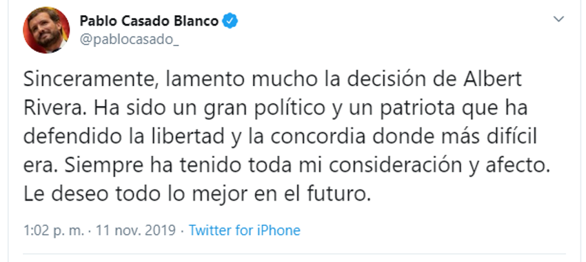 Tuit de Pablo Casado sobre la dimisión de Albert Rviera Tuit de Pablo Casado sobre la dimisión de Albert Rviera