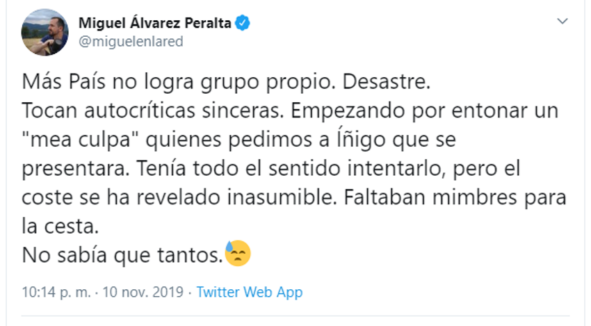 Tuit de un errejonista admitiendo la derrota de Errejón