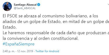 Tuit de Santiago Abascal tras el preacuerdo de coalición