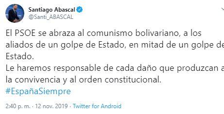 Tuit de Santiago Abascal tras el preacuerdo de coalición Tuit de Santiago Abascal tras el preacuerdo de coalición