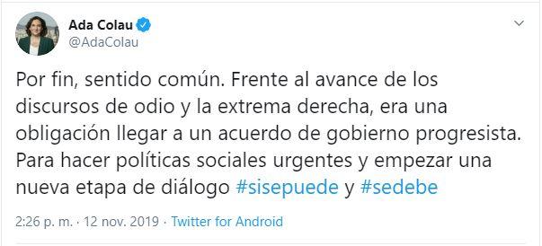 Tuit de Ada Colau. Tuit de Ada Colau.