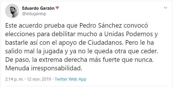 Tuit de Eduardo Garzón. Tuit de Eduardo Garzón.