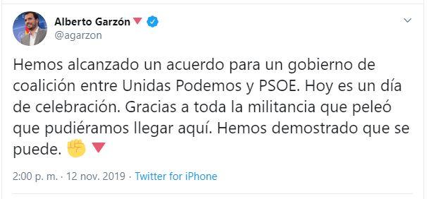 Tuit de Alberto Garzón. 
