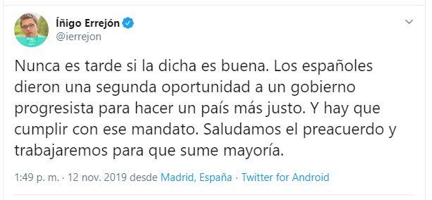 Tuit de Iñigo Errejón. Tuit de Iñigo Errejón.