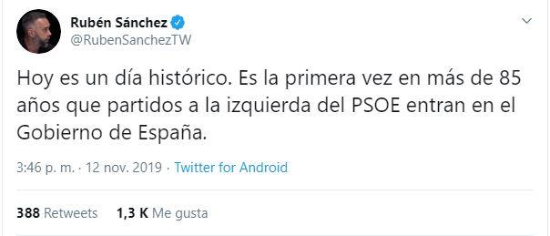 Tuit de Rubén Sánchez sobre el preacuerdo entre PSOE y UP 2. Twitter