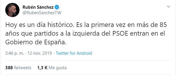 Tuit de Rubén Sánchez sobre el preacuerdo entre PSOE y UP 2. Twitter Tuit de Rubén Sánchez sobre el preacuerdo entre PSOE y UP 2. Twitter