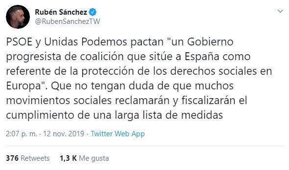 Tuit de Rubén Sánchez sobre el preacuerdo entre PSOE y UP 3. Twitter