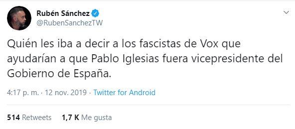 Tuit de Rubén Sánchez sobre el preacuerdo entre PSOE y UP. Twitter