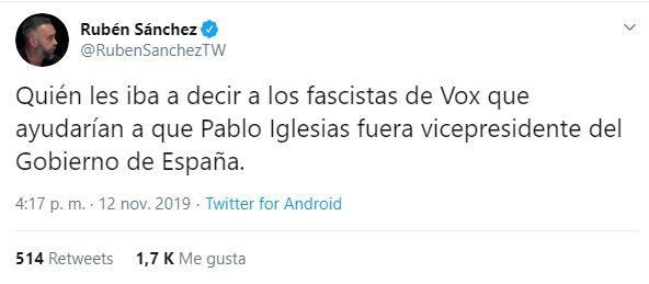 Tuit de Rubén Sánchez sobre el preacuerdo entre PSOE y UP. Twitter Tuit de Rubén Sánchez sobre el preacuerdo entre PSOE y UP. Twitter