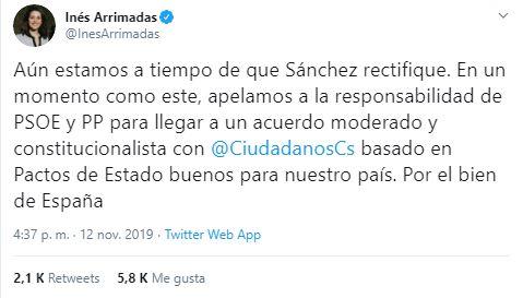 Tuit de Inés Arrimadas