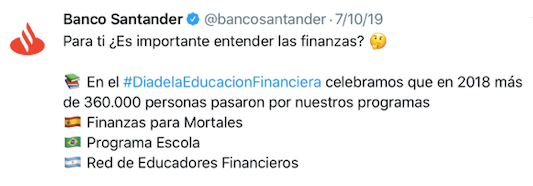 Tuit del Banco Santander sobre los conocimientos en finanza