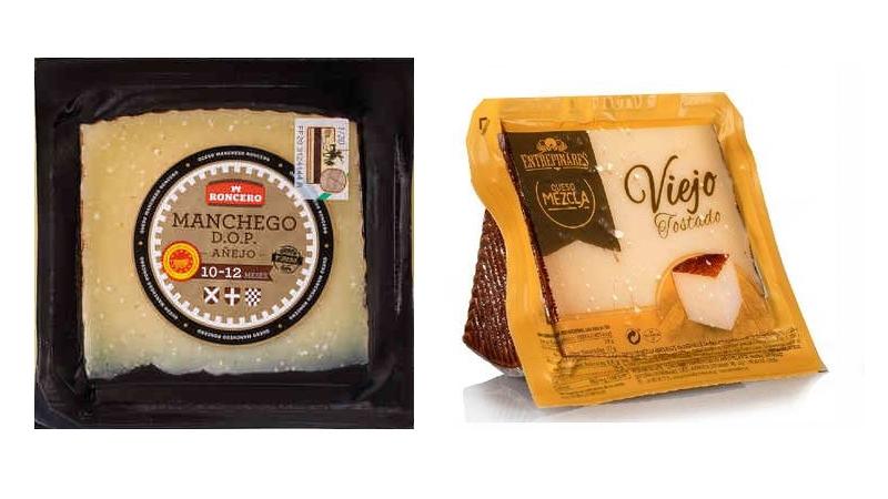 El queso Manchego de Roncero, a la venta en Lidl, y el Viejo curado de Entrepinares, de Mercadona