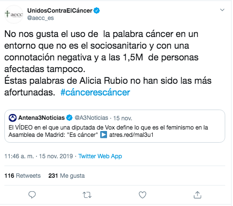 Tuit Asociación Española Contra el Cáncer (AECC)  contra Vox