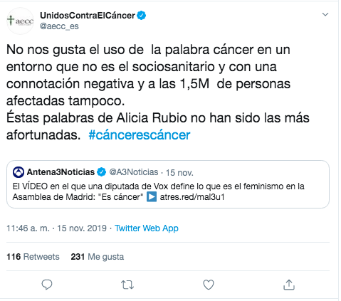 Tuit Asociación Española Contra el Cáncer (AECC)contra Vox Tuit Asociación Española Contra el Cáncer (AECC)contra Vox