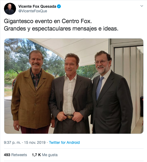Tuit de Vicente Fox con Mariano Rajoy y Arnold Schwarzenegger