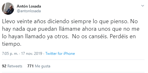 Mensaje de Antón Losada en Twitter Mensaje de Antón Losada en Twitter
