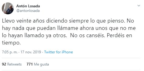 Mensaje de Antón Losada en Twitter