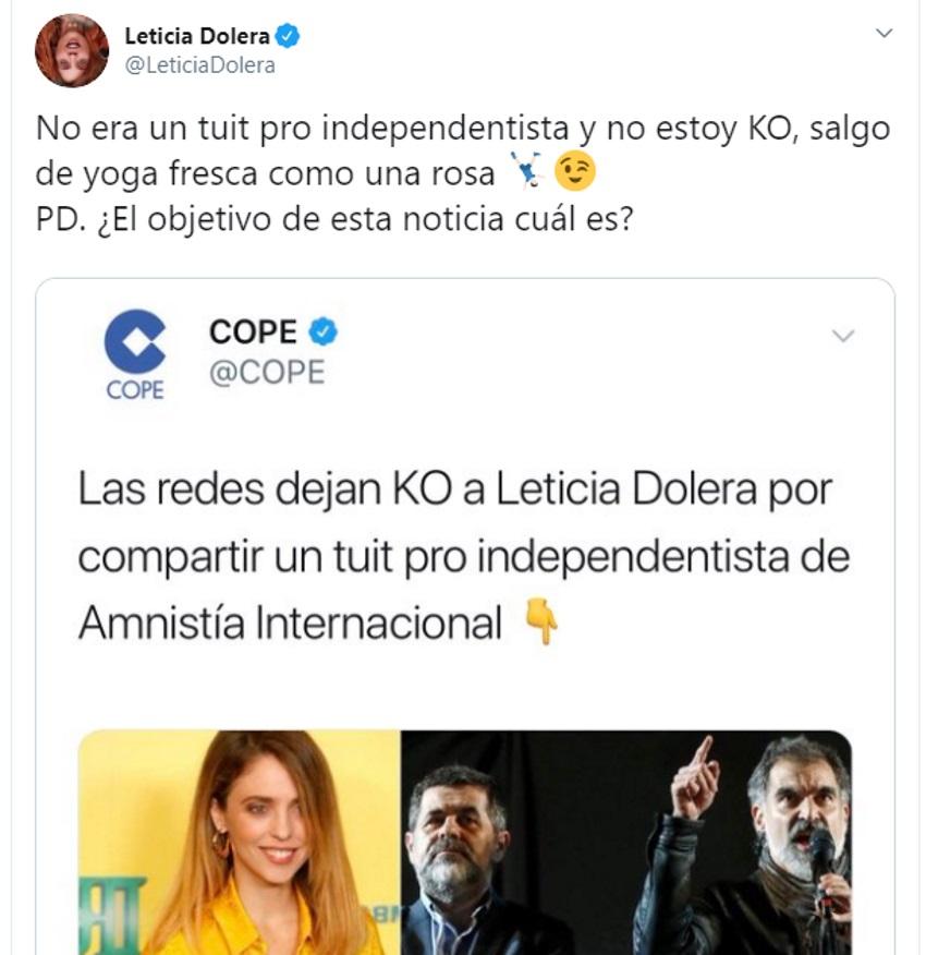 Leticia Dolera zanja la polémica sobre el retuit independentista Leticia Dolera zanja la polémica sobre el retuit independentista