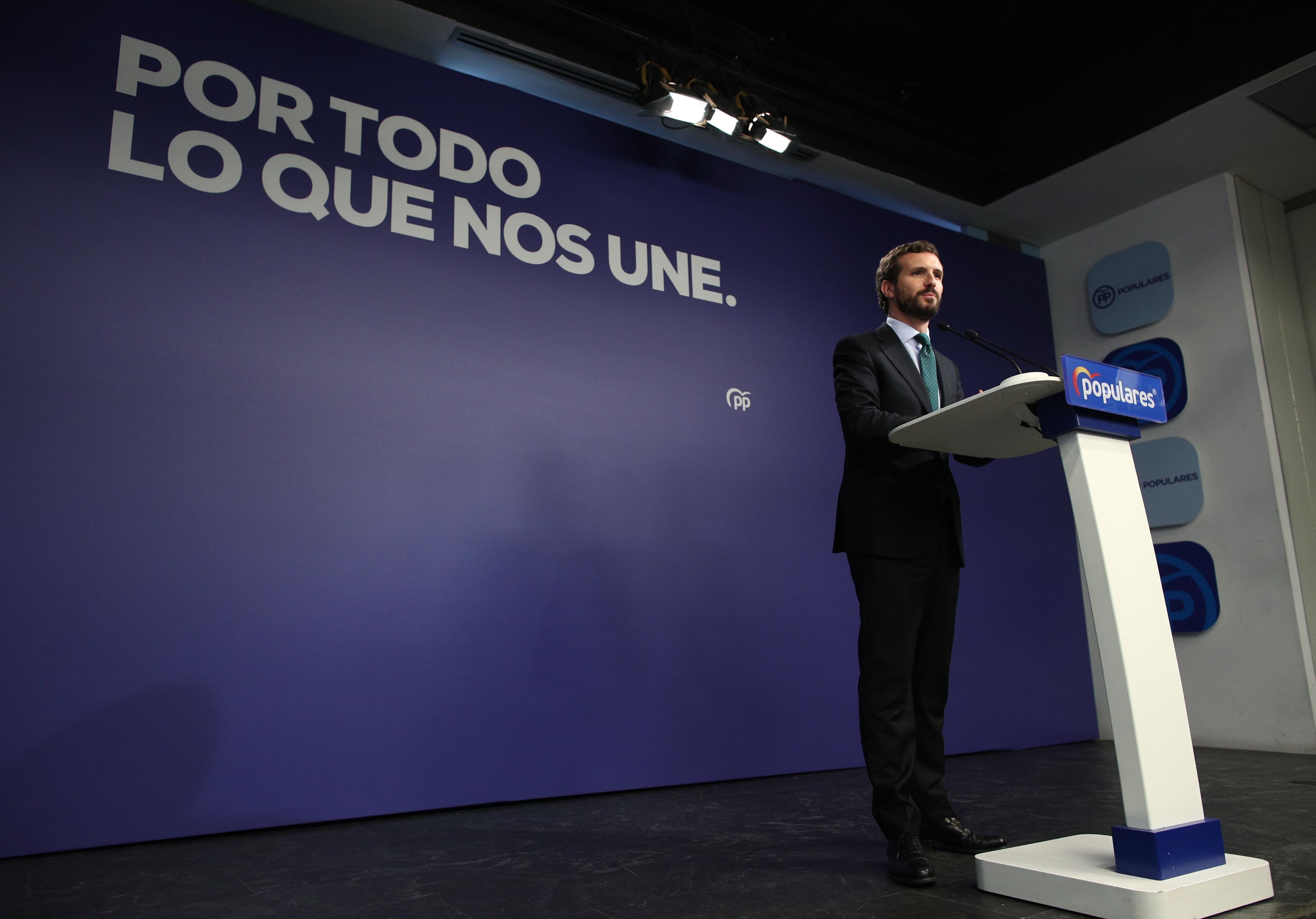 El presidente del PP Pablo Casado en rueda de prensa 