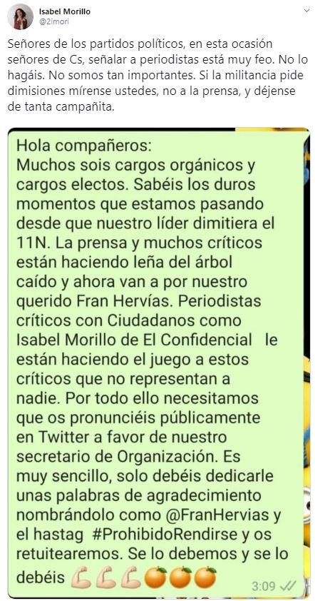 Tuit de la periodista Isabel Morrillo