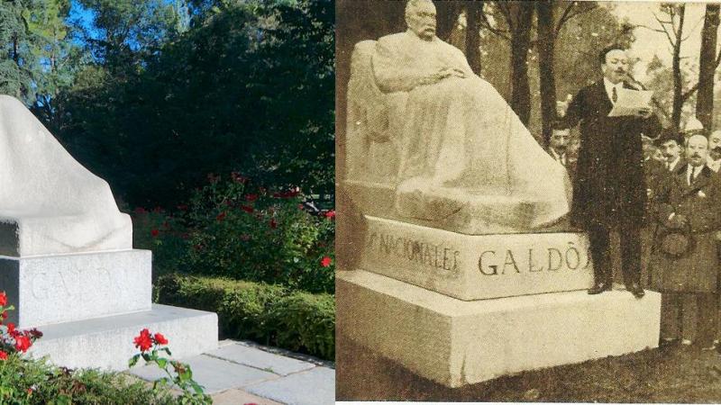 Inauguración de la escultura con la que se homenajeó en 1919 a Galdós en el parque del Retiro