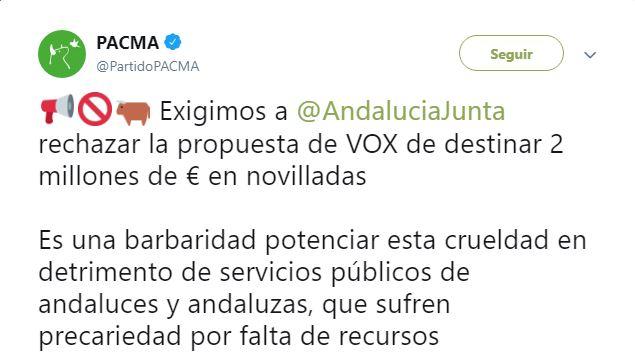 Tuit de PACMA condenando los dos millones de euros que la Junta destinará a la tauromaquia. Twitter