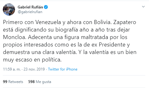 Tuit de Rufián sobre Zapatero