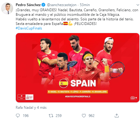 Tuit de Sánchez sobre la Copa Davis