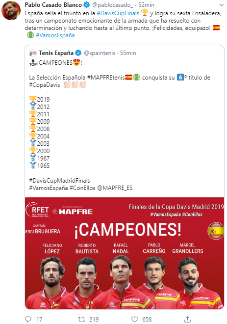 Tuit de Casado sobre la Copa Davis