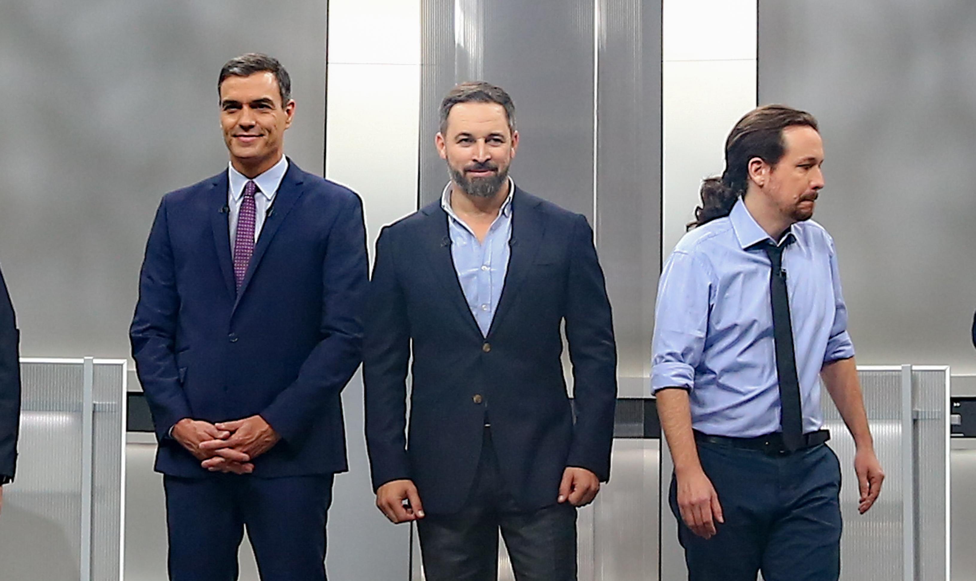 Pedro Sánchez, Santiago Abascal y Pablo Iglesias durante un debate electoral.
