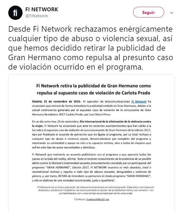 Captura de pantalla del tuit de Fi Network. 