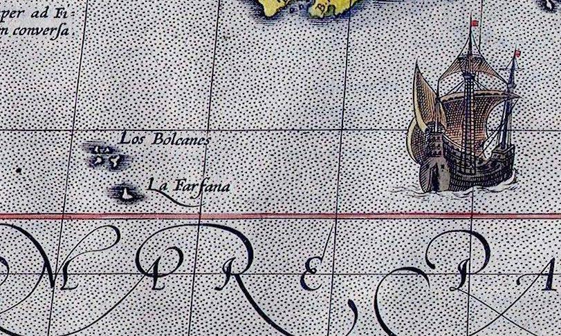 Detalle del “Maris Pacifi” donde Ortelius situa unas islas llamadas “Bolcanes” sospechosamente cerca de las coordenadas hawaianas.