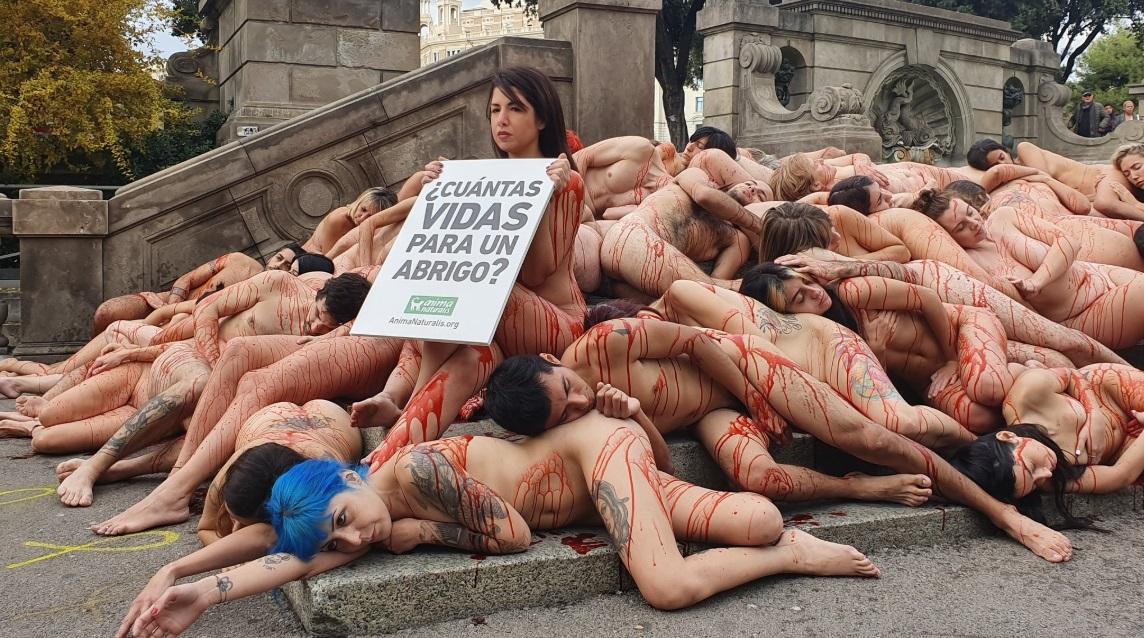Un grupo de personas se desnudan en Barcelona contra el maltrato animal. AnimaNaturalis. Twitter