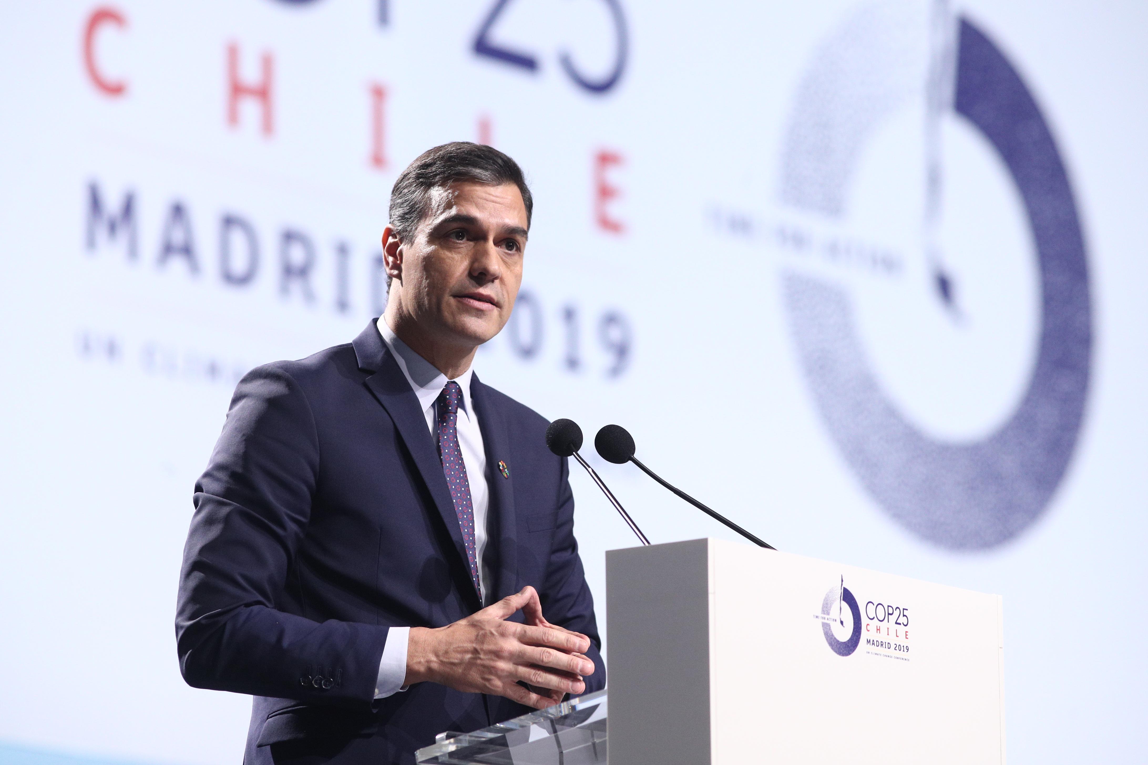 El presidente del Gobierno en funciones Pedro Sánchez durante su intervención en la ceremonia de inauguración de la Conferencia de Naciones Unidas sobre el Cambio Climático (COP25)