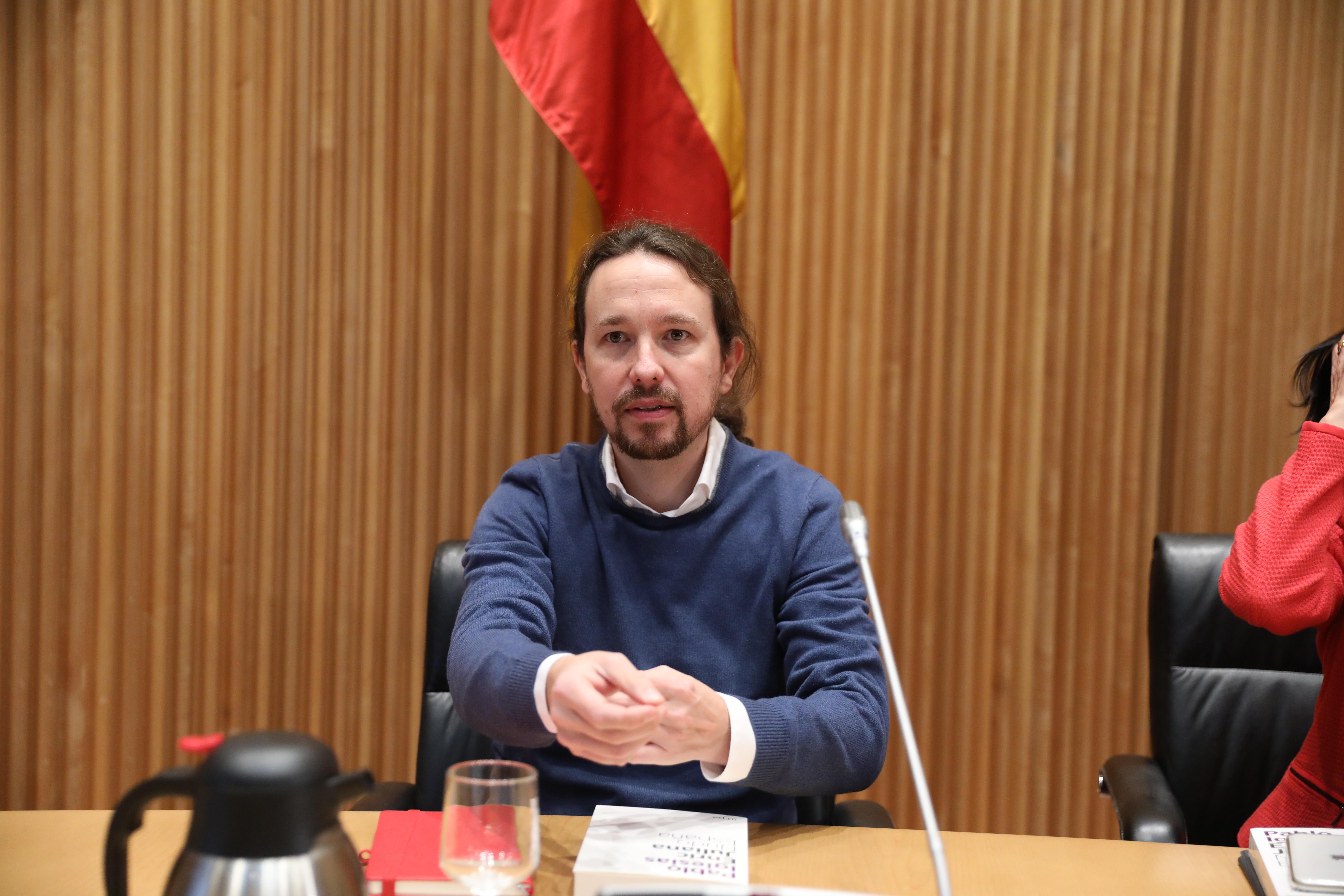 El secretario general de Podemos Pablo Iglesias durante su participación en el diálogo `Nudo España un año después´ en el Congreso de los Diputados en Madrid (España) a 5 de diciembre de 2019 