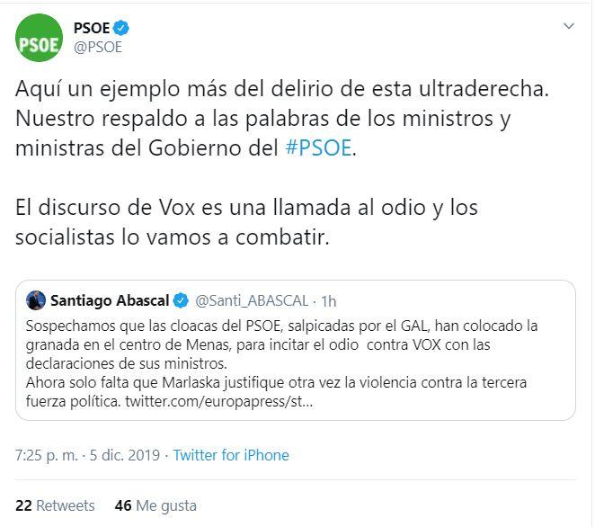 Tuit PSOE sobre Vox